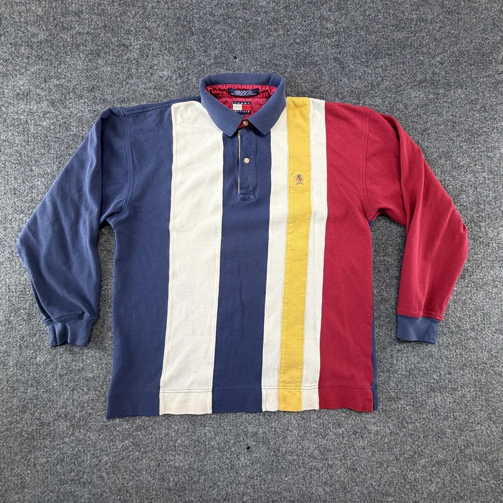 Vtg Tommy Hilfiger Rugby Polo Shirt Mens Large Stripe Long Sleeve Crest
